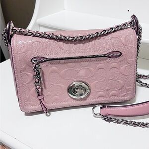 Coach Pink Signature Embossed Leather Turnlock Crossbody Bag